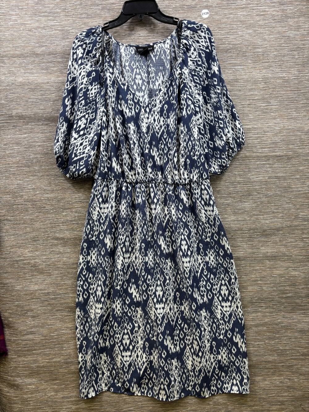 Stella & Julie Midi Dress Womens Size 3X Blue White Ikat Puff Sleeve Boho Slit